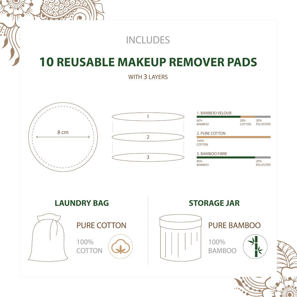 Bamboo Cotton Reusable Makeup Remover Pads (10 Pack) - Washable Sustainable - Cotton Laundry Mesh Bag - Bamboo Storage Container