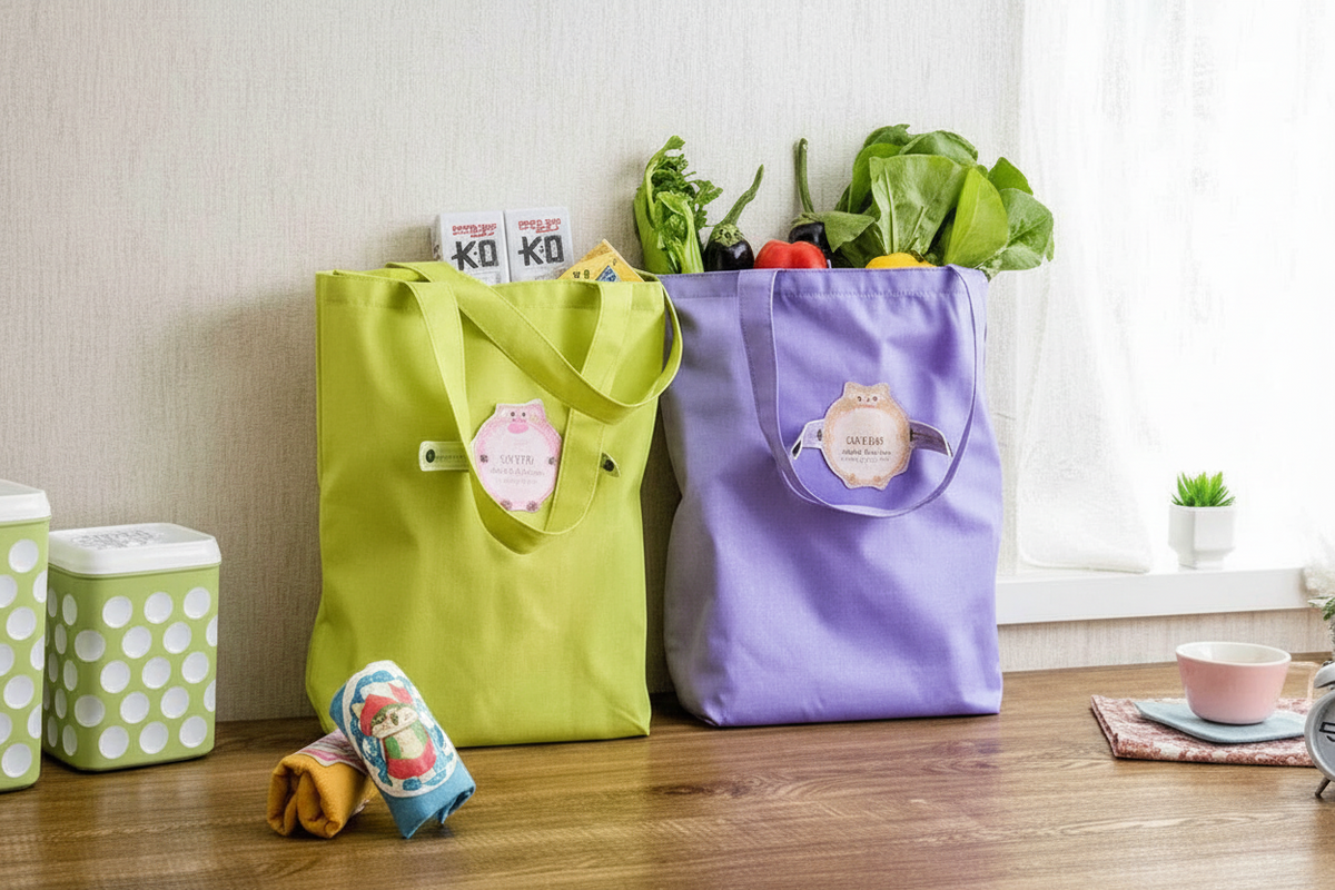Two reusable fabric cartoon tote bags on a wooden table in a bright indoor setting. One bag is lime green and the other is lavender purple, both with paper tags attached.