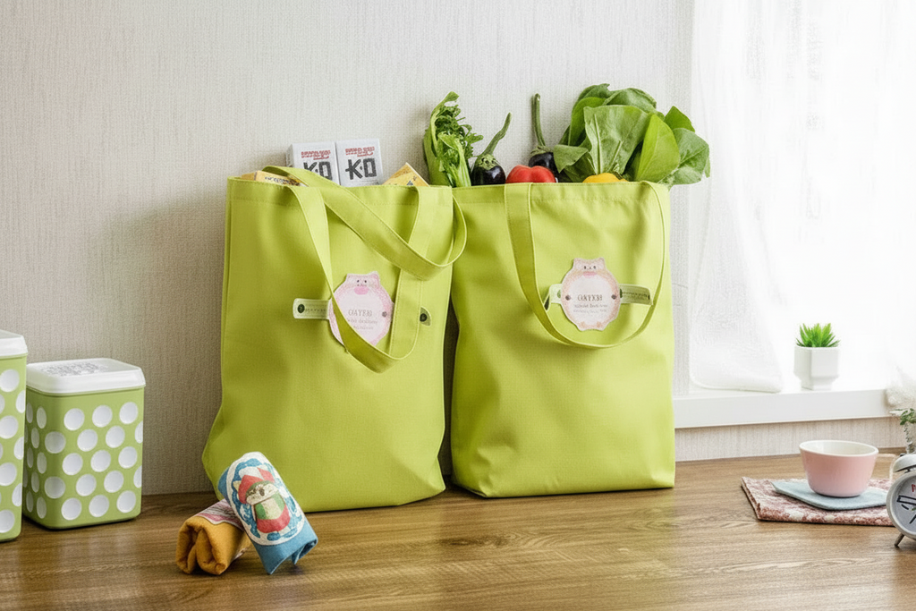 Two green fabric cartoon tote shopping bags sitting on a wooden bench