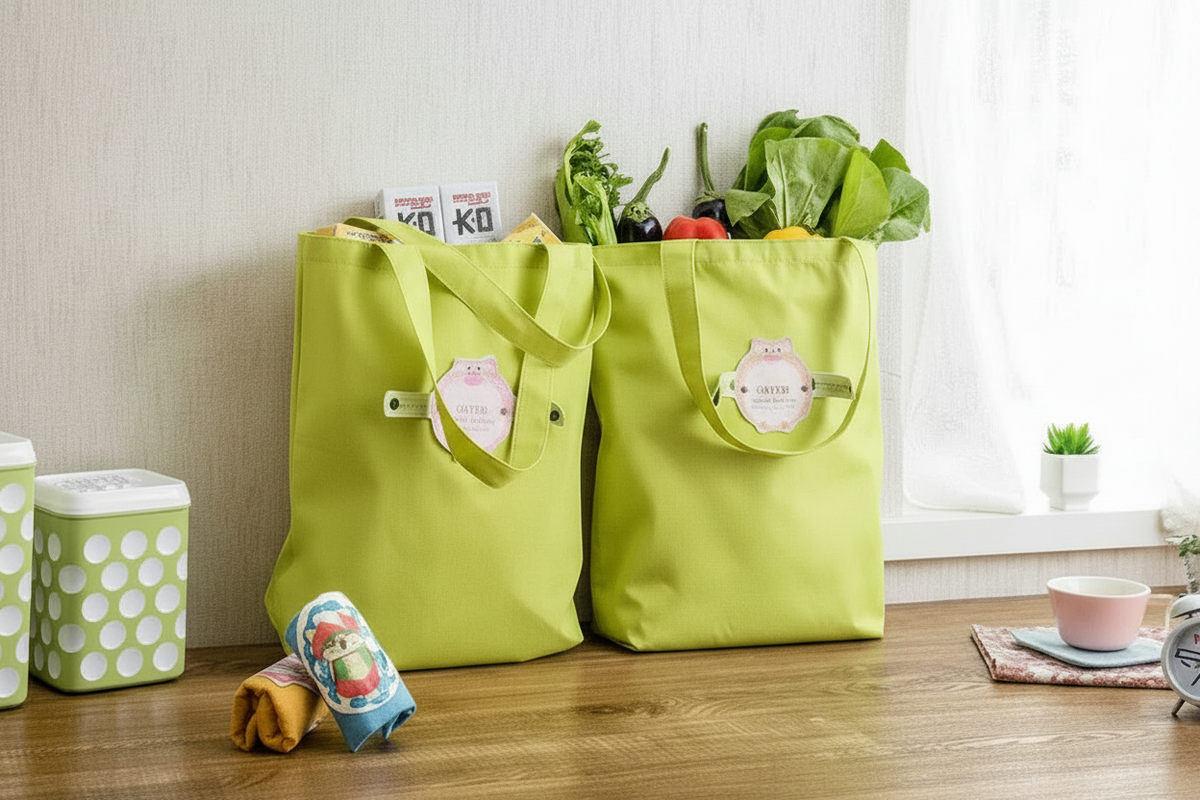 Two green fabric cartoon tote shopping bags sitting on a wooden bench