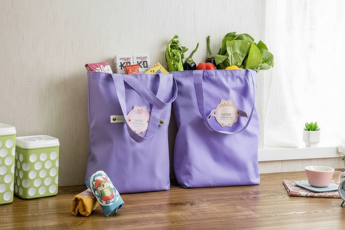 Two reusable lavender purple fabric cartoon tote bags on a wooden table in a bright indoor setting. Both with fabric tags attached.