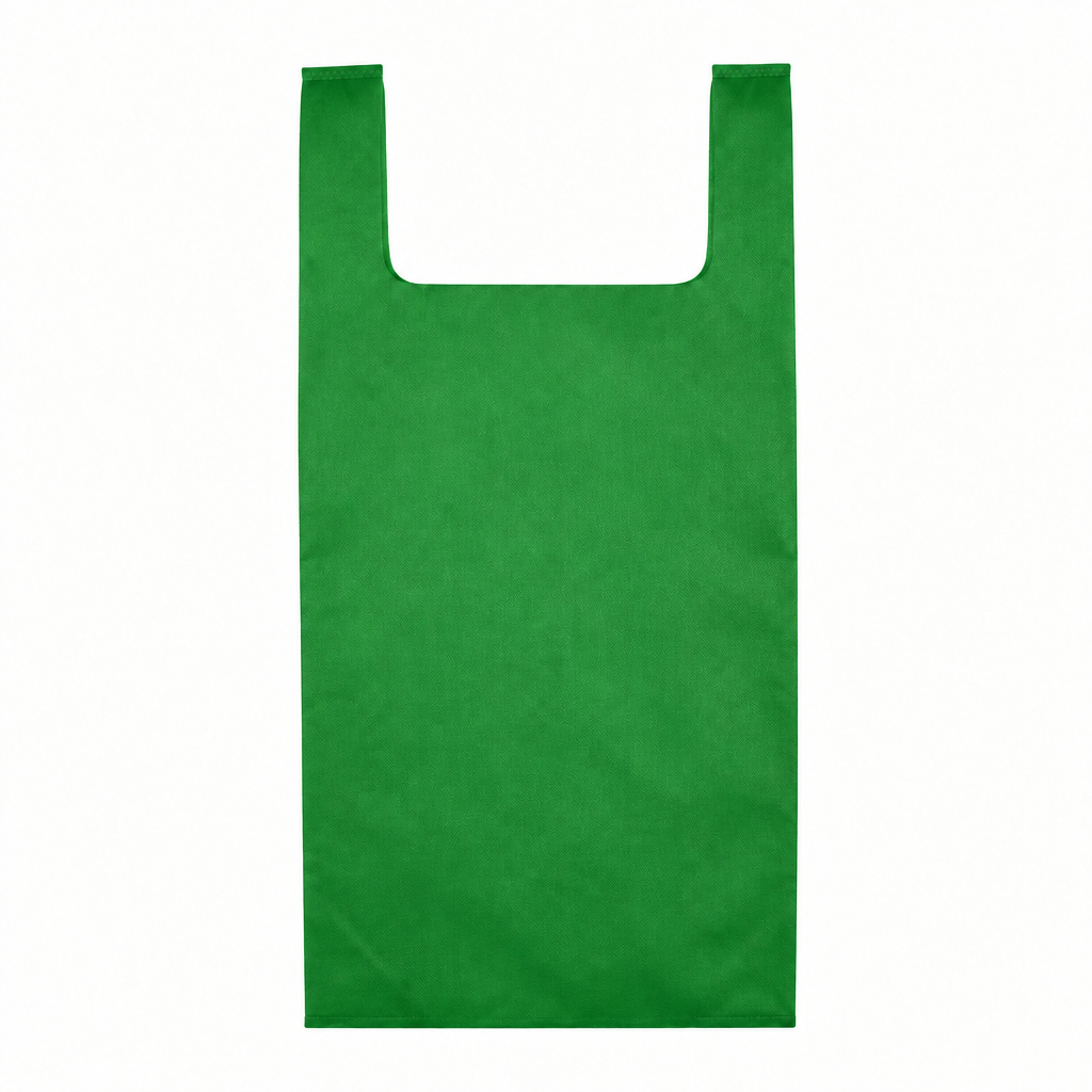 A single green reusable bag with a flat, rectangular body and two flat straps, shown against a plain white background.