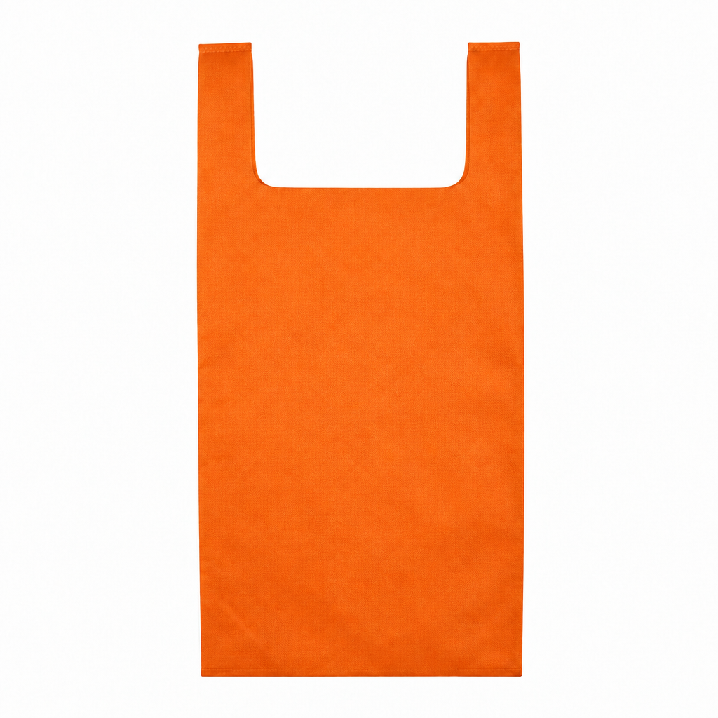 An orange reusable bag with a flat, rectangular body and two upright handles, shown against a plain white background.