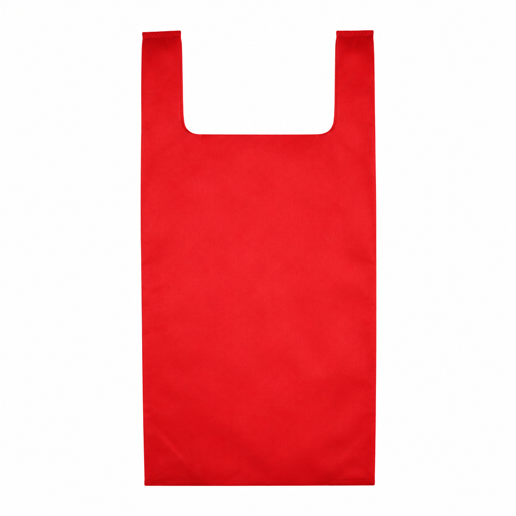 A red reusable shopping bag with  straps, shown against a plain white background.