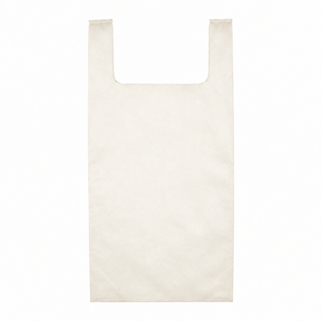 A plain off-white reusable shopping bag with a flat rectangular body and two short handles, shown against a solid white background.