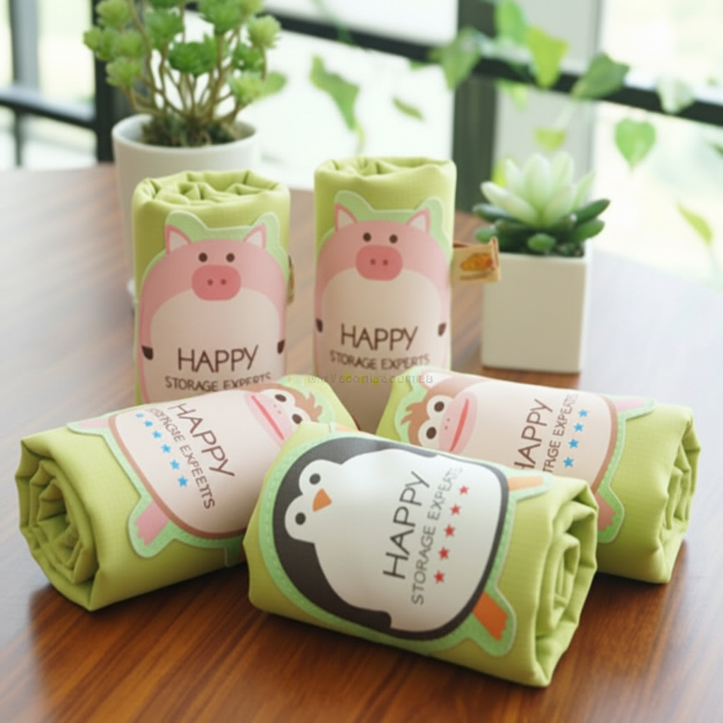 Five rolled light green fabric storage bags with cartoon animal labels are arranged on a wooden table. The labels show pink pigs and a penguin with the text 'HAPPY STORAGE EXPERTS.