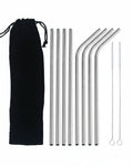 A set of reusable stainless steel straws with a black drawstring pouch, shown on a plain white background. The set includes six straight metal straws, four bent metal straws, a long cleaning brush, and a small loop tool.