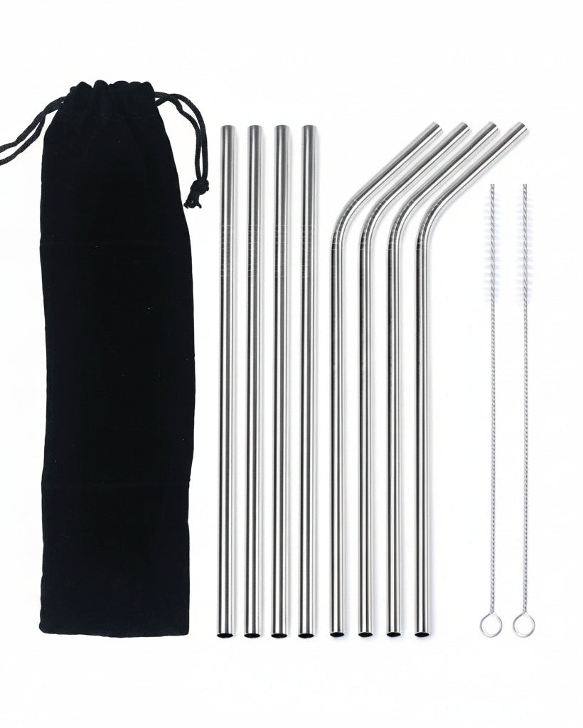 A set of reusable stainless steel straws with a black drawstring pouch, shown on a plain white background. The set includes six straight metal straws, four bent metal straws, a long cleaning brush, and a small loop tool.