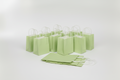 A set of light green paper shopping bags with white twisted paper handles, arranged on a seamless light gray studio background.