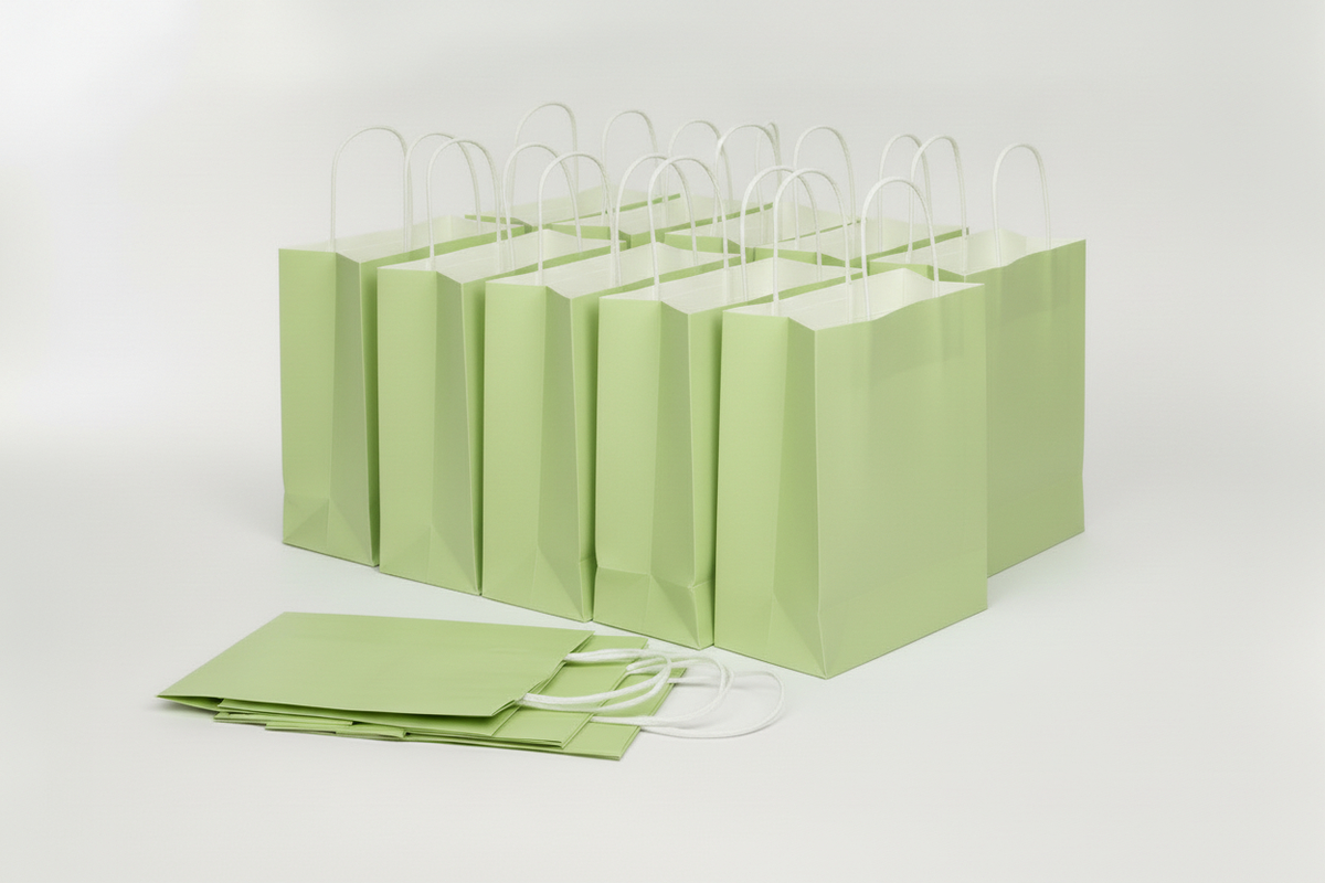 A set of light green paper shopping bags with white twisted paper handles, arranged on a clean white studio background.