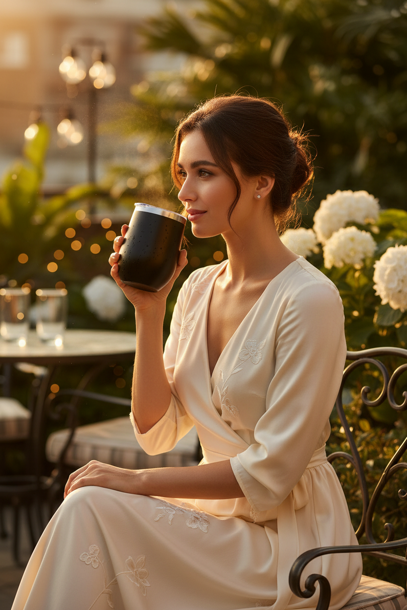 A matte black insulated stemless wine tumbler with a stainless steel rim and a clear lid, shown on a white background with a soft reflection.