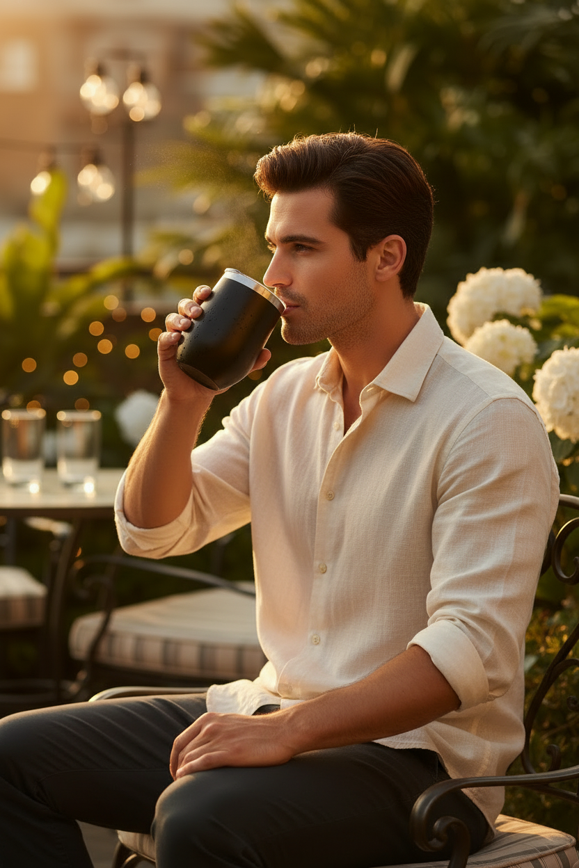 A man in a cream-colored button-down shirt sits on a garden patio chair, holding a black insulated tumbler with a white lid and drinking from it. The background features warm, golden-hour lighting, blurred green foliage, and white flowers.