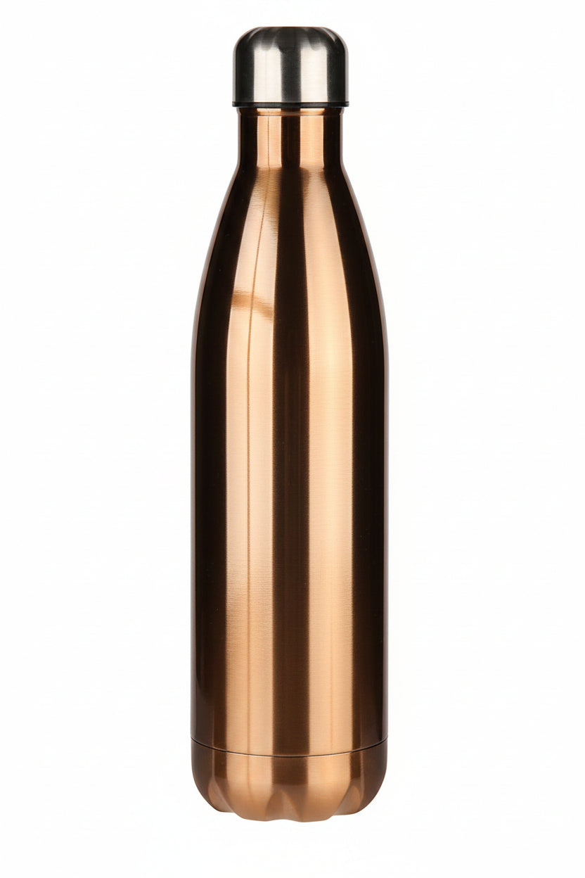 A sleek, metallic copper-colored insulated water bottle with a silver stainless steel cap, shown against a plain white background.