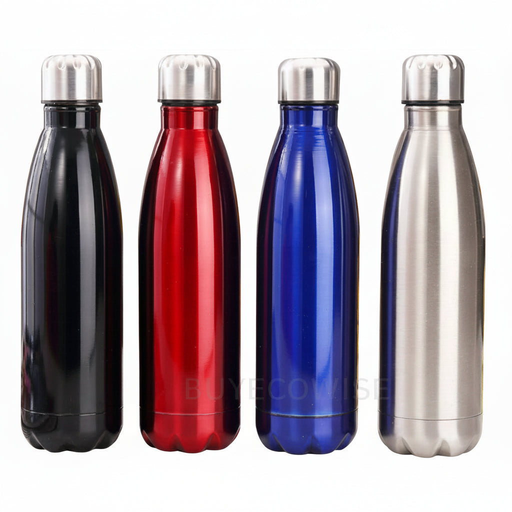Four insulated stainless steel water bottles in black, red, blue, and silver, arranged side by side on a white background.