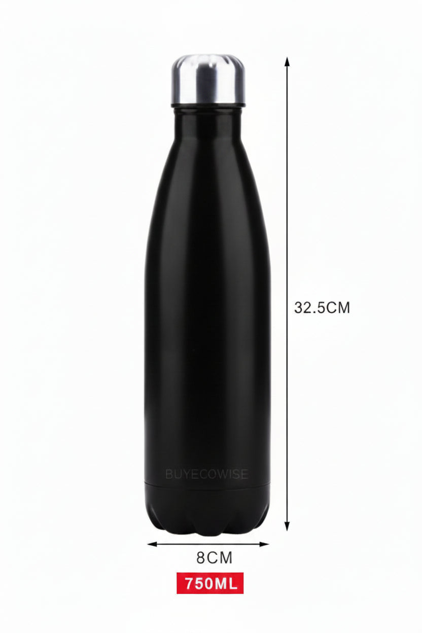 Black insulated water bottle shown with silver cap and printed size/capacity labels, including dimensions and bottle capacity on a white background.