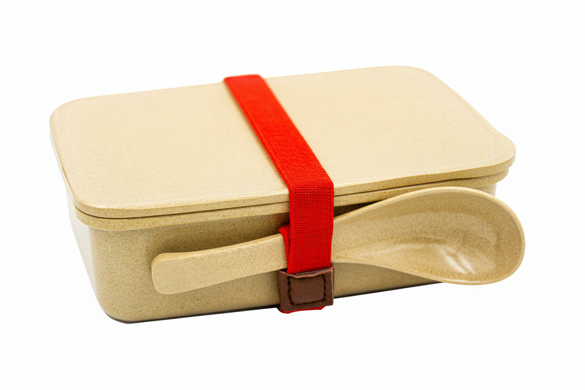 A rectangular beige bamboo lunch box with a matching lid, secured by a red elastic strap with a brown buckle, and shown with a matching bamboo spoon on a white background.