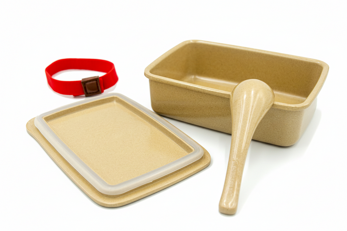 A beige non-stick rectangular lidded container set with a matching spoon and a red silicone strap accessory, photographed on a white background.
