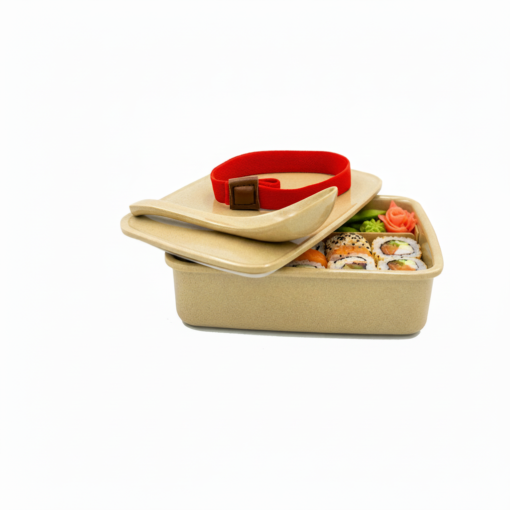 A beige rectangular baking pan with a matching lid, shown with a red silicone oven mitt resting on top. The items are photographed on a seamless white background.