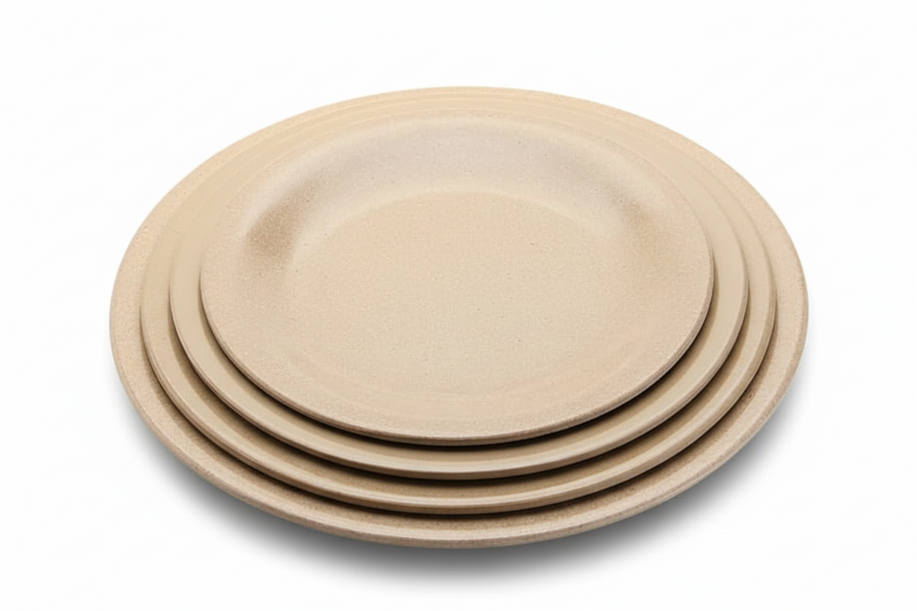 A stack of four nested round ceramic plates in a light beige speckled finish, isolated on a white background.