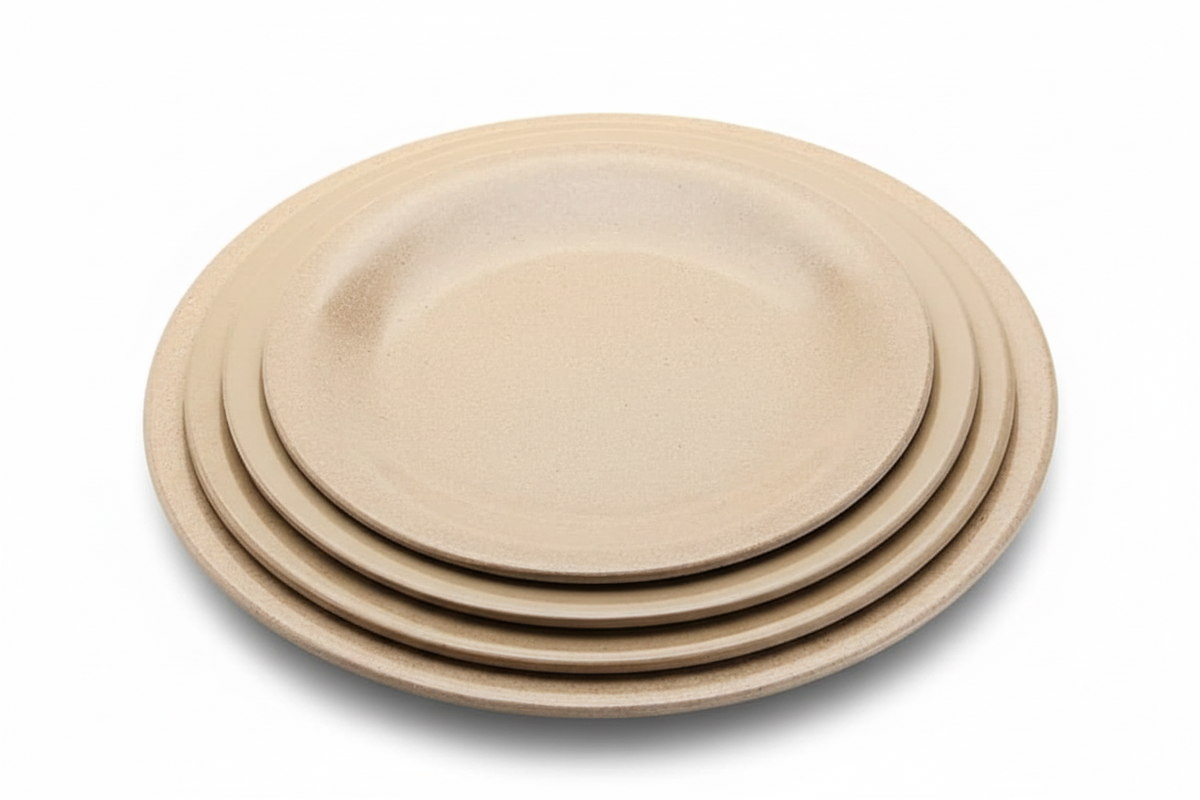 A stack of four nested round ceramic plates in a light beige speckled finish, isolated on a white background.