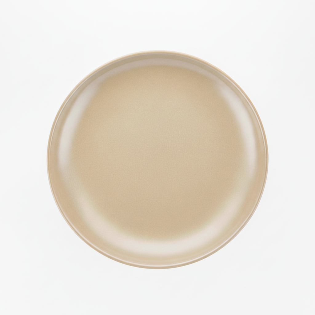 A minimalist round ceramic plate in a warm beige color, photographed from directly above on a clean white background.