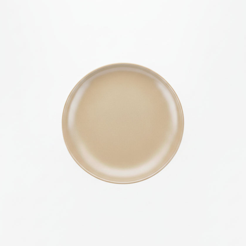 A minimalist, top-down view of a round ceramic plate in a warm beige color, centered on a clean white background.