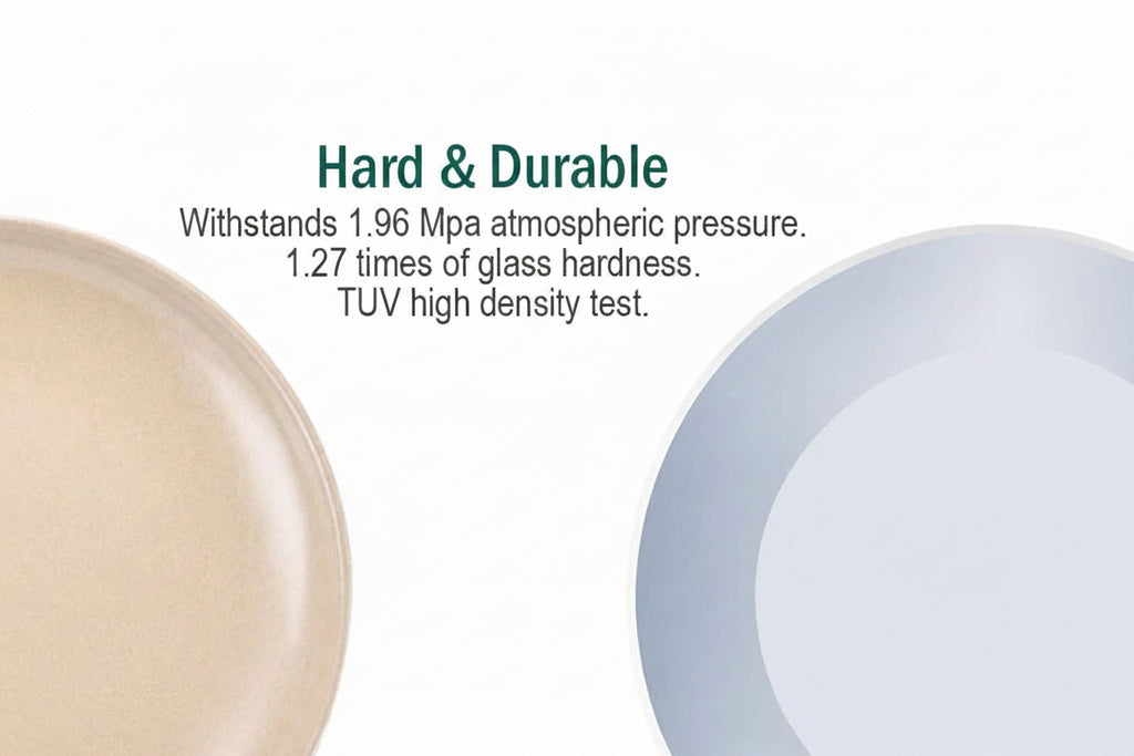 A comparison graphic for hard and durable material, showing a close-up of a beige circular sample on the left and a light blue-gray circular sample on the right, with text stating it withstands 1.96 Mpa atmospheric pressure and 1.