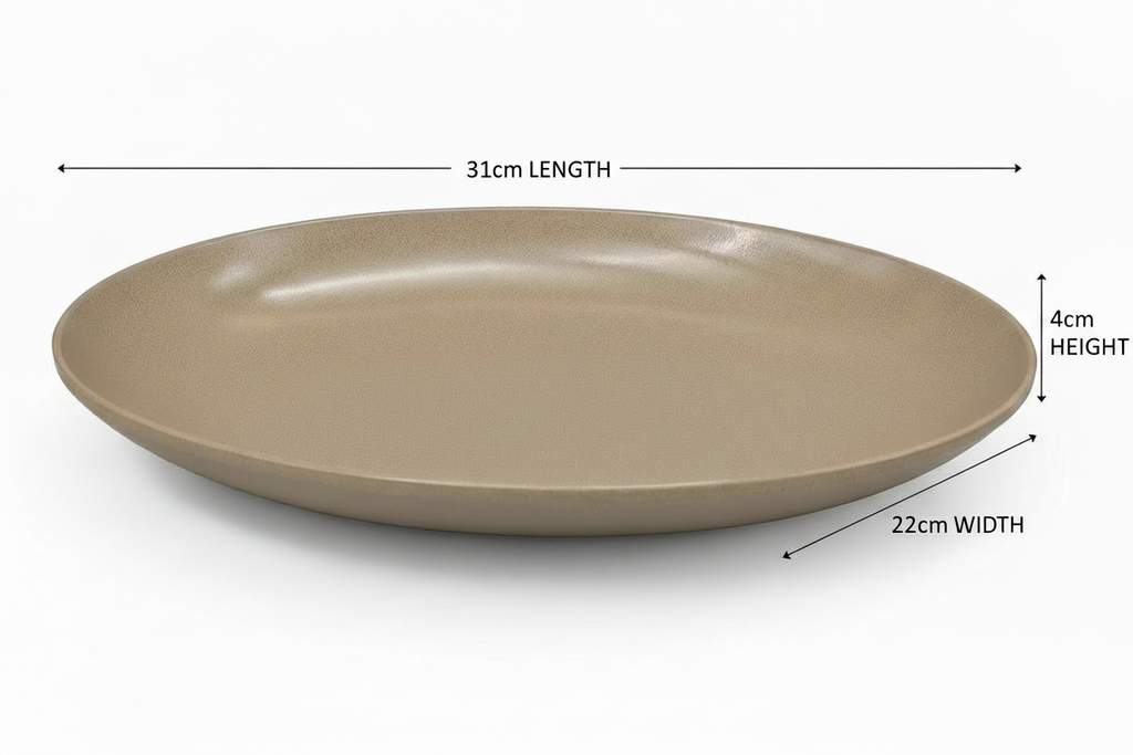 A shallow round plate shown on a white background with overlaid dimension lines and text indicating 31 cm length, 22 cm width, and 4 cm height.
