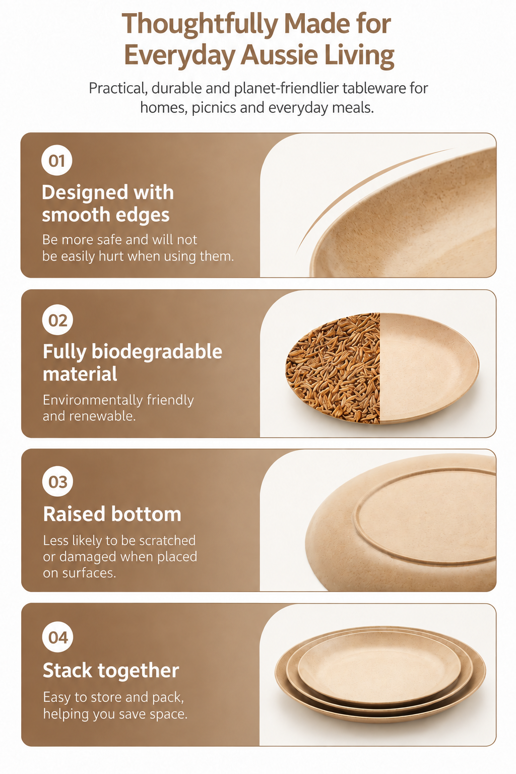 An infographic detailing the features of a set of biodegradable ceramic plates. The graphic has a white background with four brown and beige panels highlighting key selling points: smooth edges, fully biodegradable material, raised bottom, and stackability.