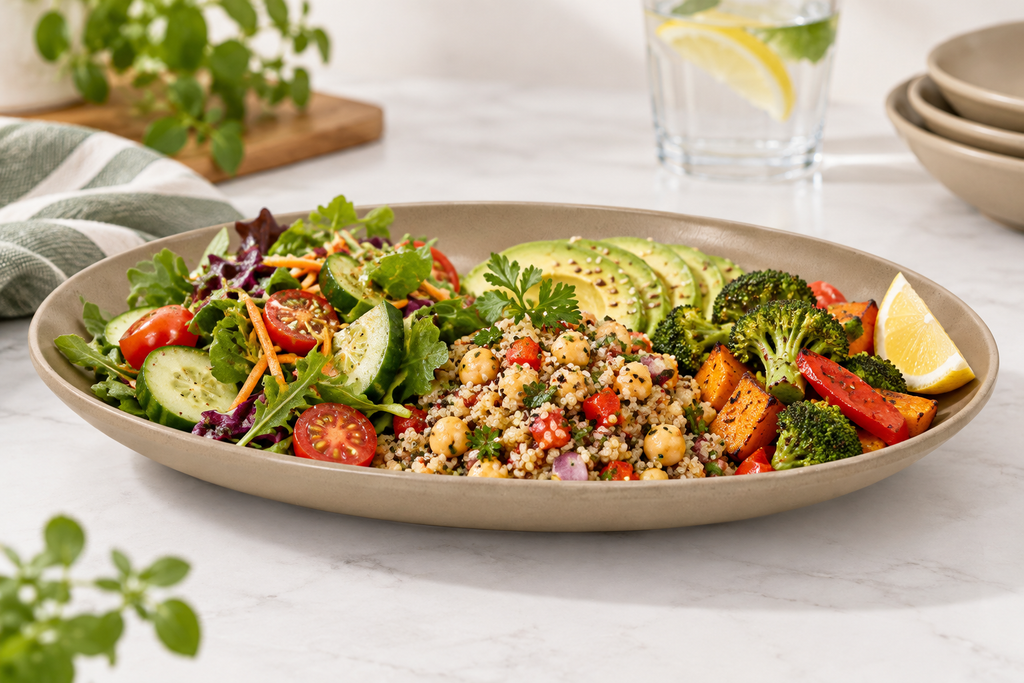 A large oval beige platter filled with a colorful salad, including quinoa, broccoli, avocado, cucumber, tomatoes, and lemon wedges, set on a light marble countertop.