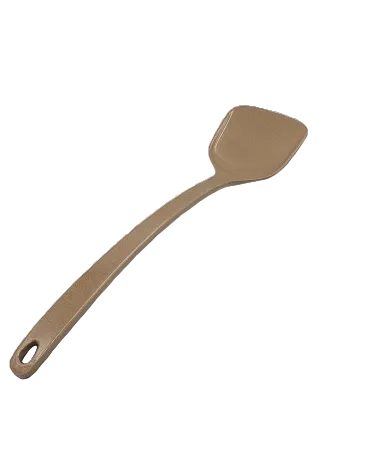 A single beige rice-husk spatula with a flat blade and a long handle featuring a hanging hole, shown on a plain white background.
