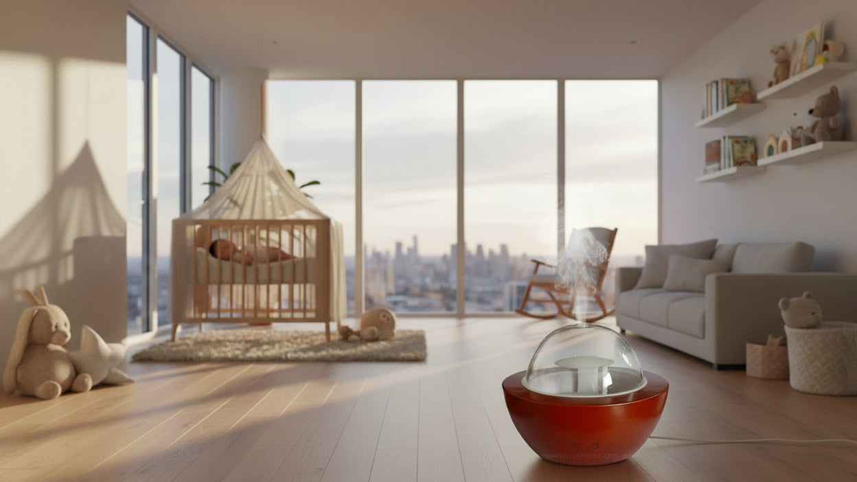 Wooden diffuser on the floor, baby sleeping in a cot