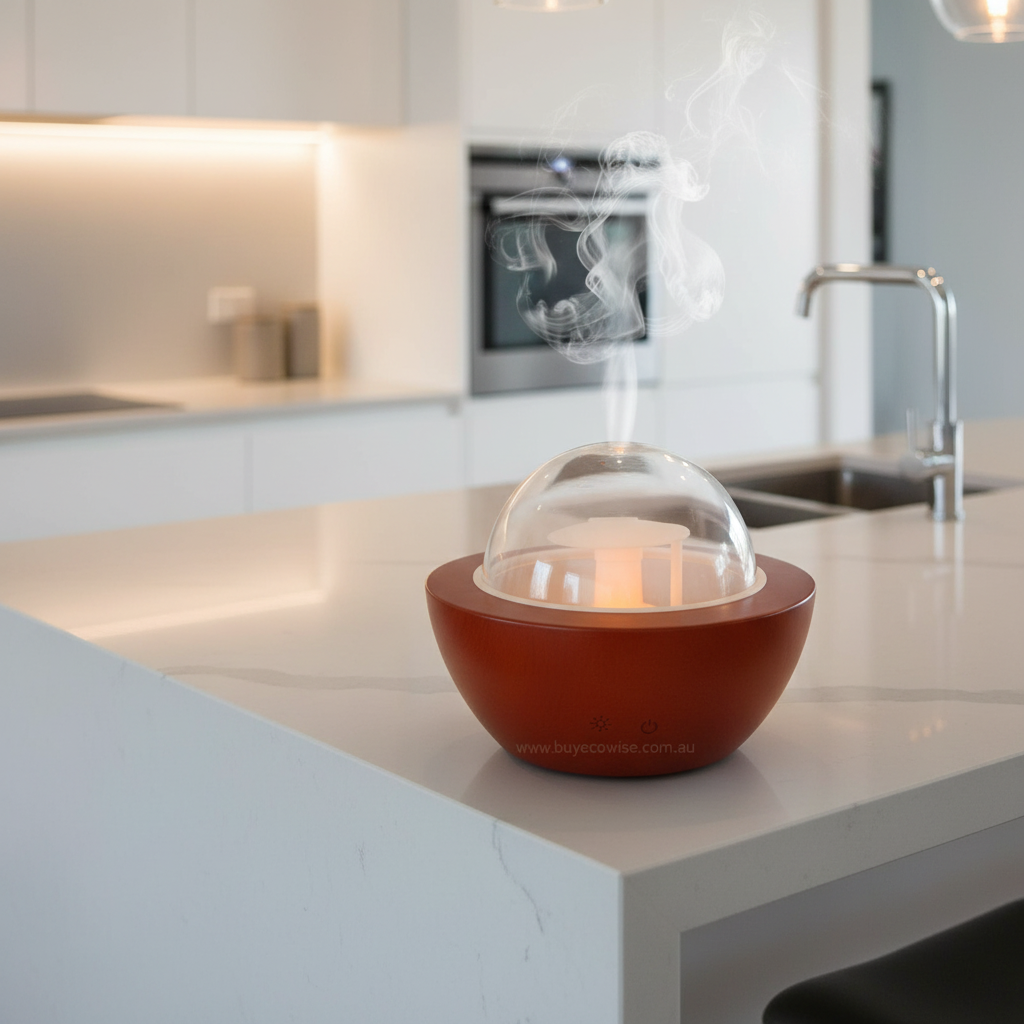 A small tabletop humidifier with a glossy reddish-brown base, a clear glass dome, and a white inner tray, placed on a kitchen bench top.