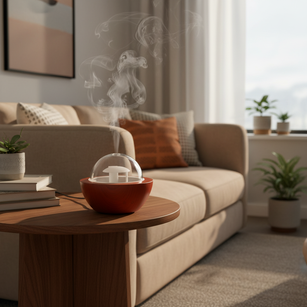 A modern tabletop diffuser with a glossy reddish-brown base, a clear acrylic dome lid, and a white interior diffuser visible through the dome, placed on a table in the living room.