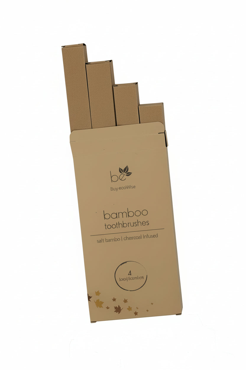 A brown kraft cardboard packaging box for bamboo toothbrushes, shown open with several toothbrush handles partially slid out, on a plain white background.
