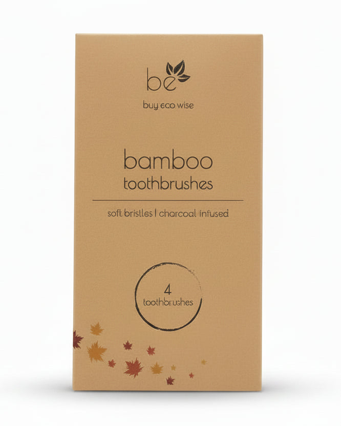 A tall rectangular beige box for bamboo toothbrushes on a white background. The box has black text reading 'be buy eco wise' and 'bamboo toothbrushes', plus small leaf illustrations near the bottom.