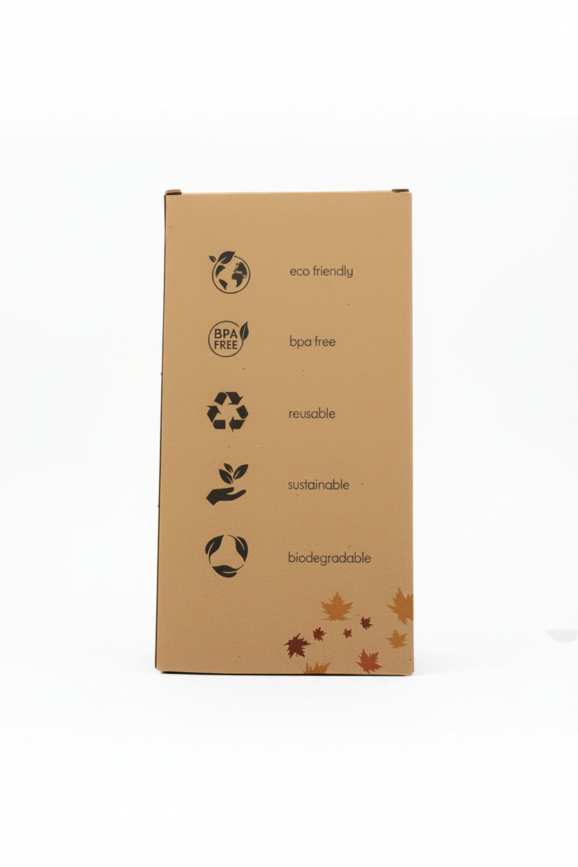A tall, narrow brown cardboard box with printed sustainability icons and words including eco-friendly, biodegradable, recyclable, and sustainable, shown on a plain white background.
