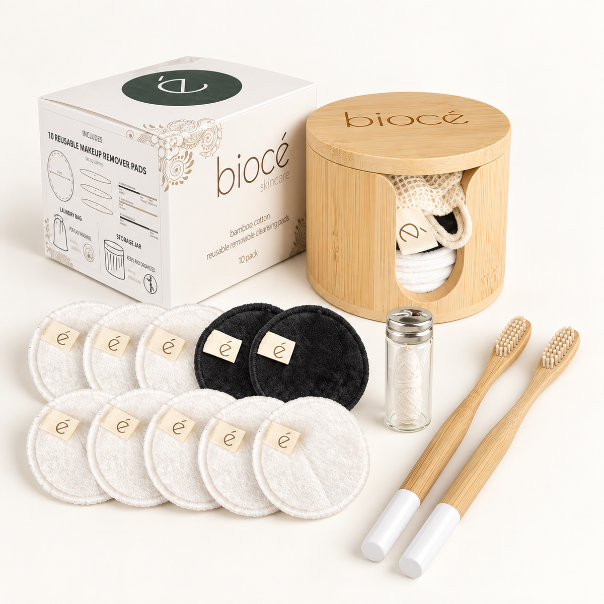Eco Bathroom Reset Bundle with makeup pads, floss and bamboo toothbrushes