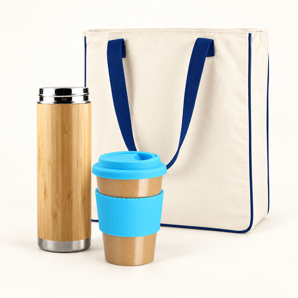 On-the-Go Eco Gift Set with bottle, café mug and tote