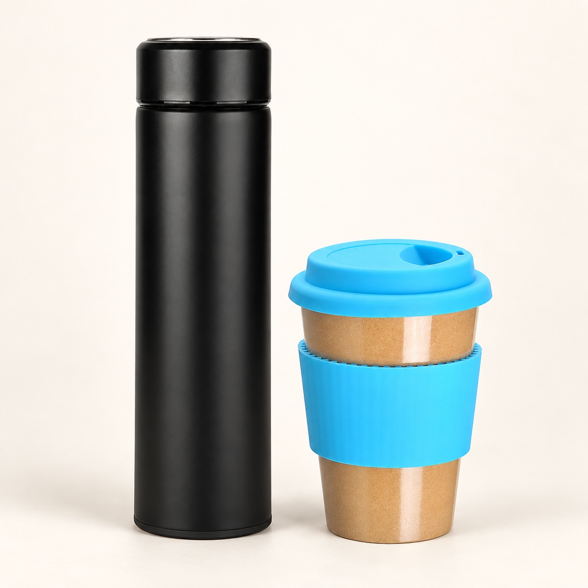 Reusable Drinkware Duo with slimline bottle and blue café mug