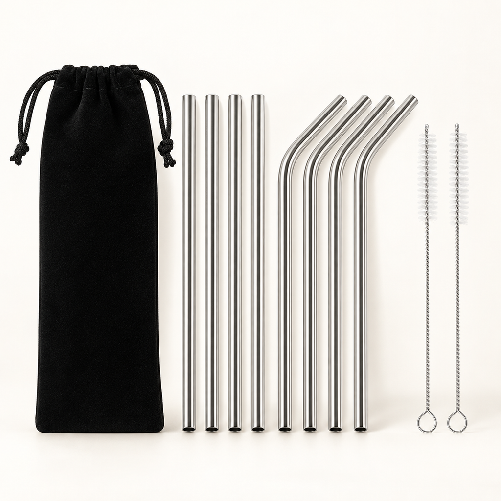 Stainless Steel Straw Care Kits with reusable straws and cleaning brushes