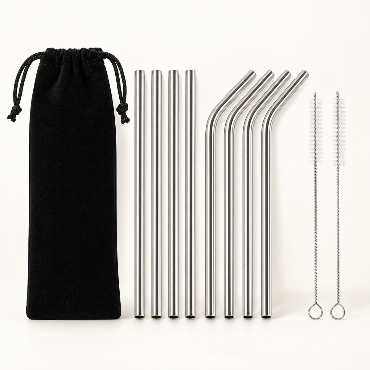 Stainless Steel Straw Care Kits with reusable straws and cleaning brushes